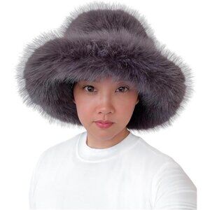Oversized Winter Faux Fur Bucket Hat for Women Dark Gray